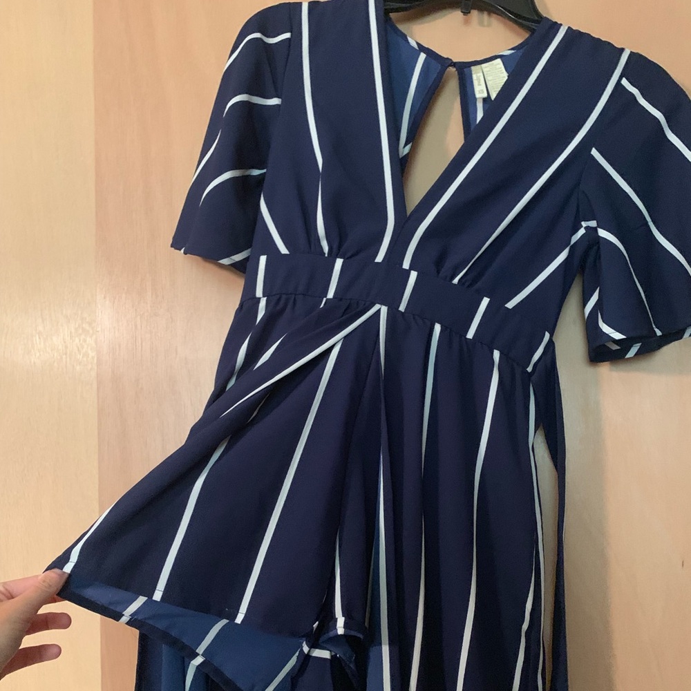 Navy & White Stripe Romper with Train